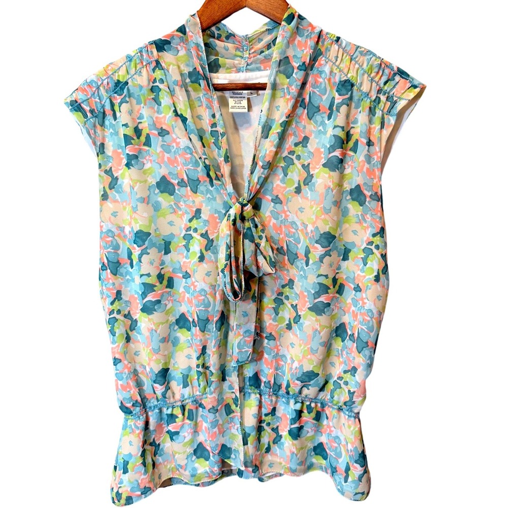 MAX STUDIO Sleeveless Watercolor Sheer Floral Blouse Tie Front Size Large